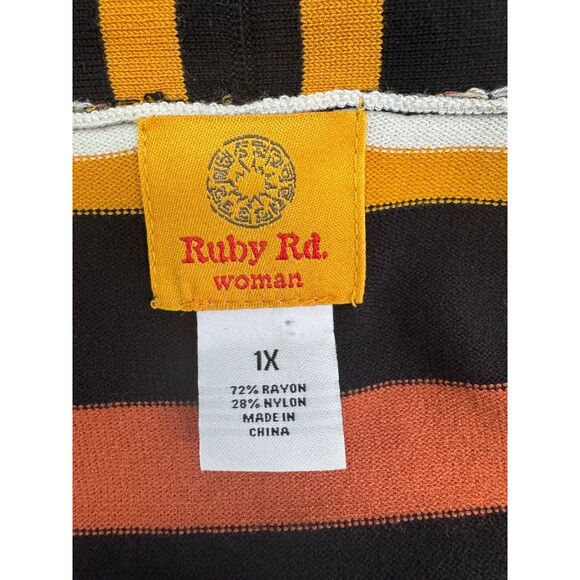 Ruby Rd. Woman Size 1X Open Cardigan Black Brown Yellow Stripe Pockets - Picture 9 of 11